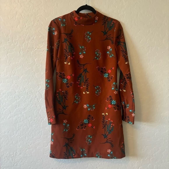 WAYF Brown Floral Long Sleeve Mock Neck Shift Dress Academia Preppy Size XS - Picture 7 of 13